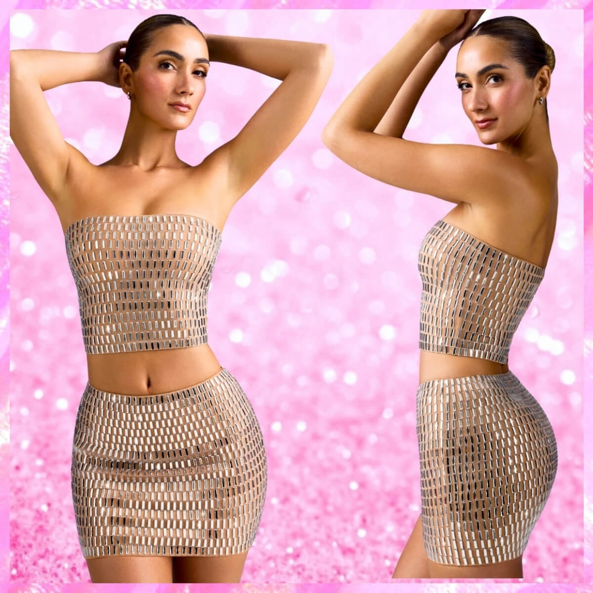 Embellished Crop Tube Top Micro Mini Skirt Set