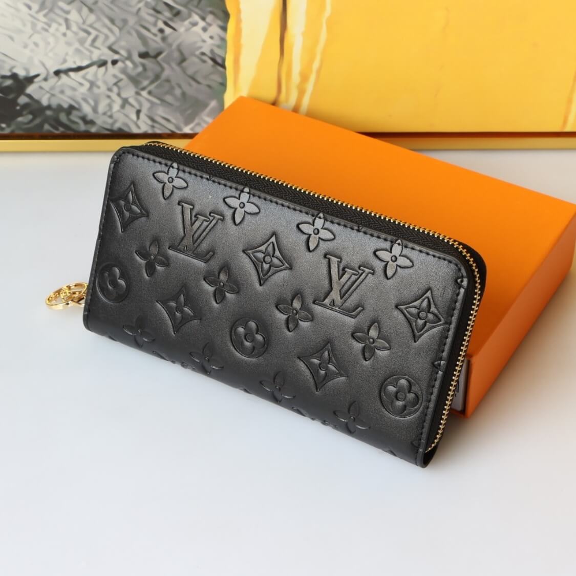 Embossed Zip Around Wallet In Black