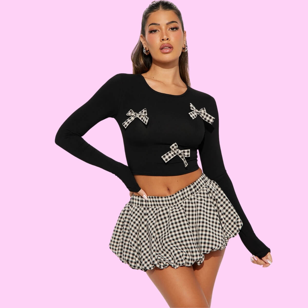 Gingham Bubble Micro Skirt Set In Black