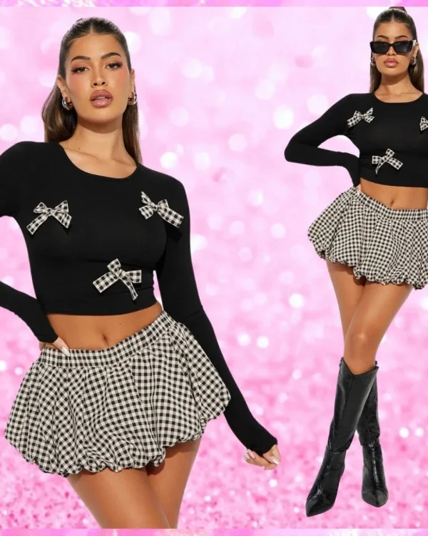 Gingham Bubble Micro Skirt Set In Black