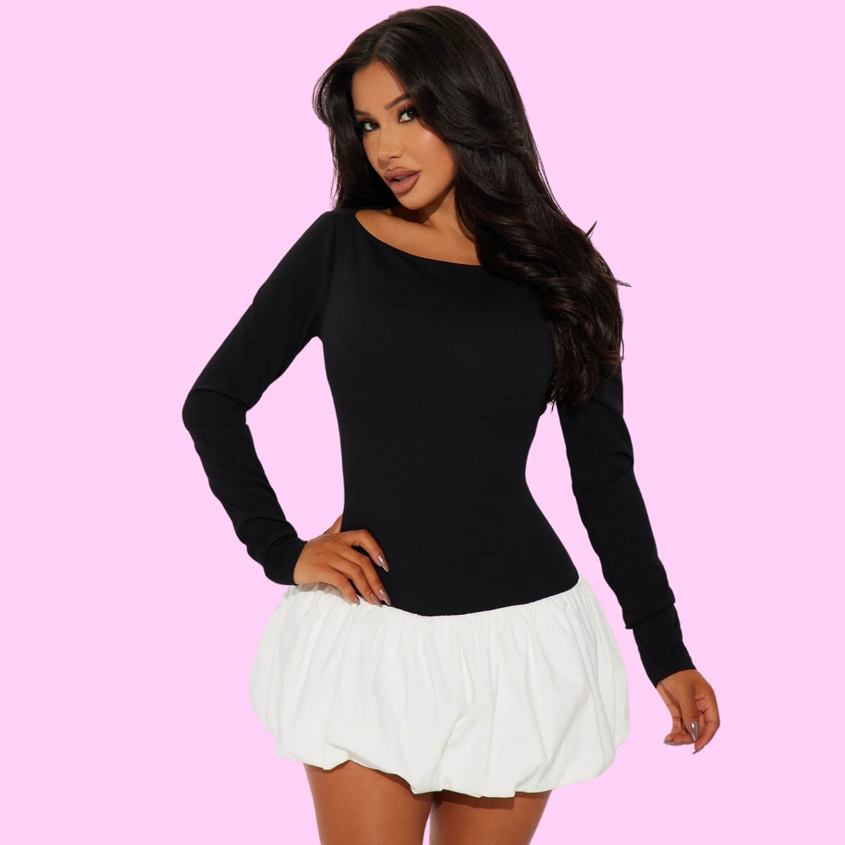Long Sleeve Boat Neck Bubble Mini Dress