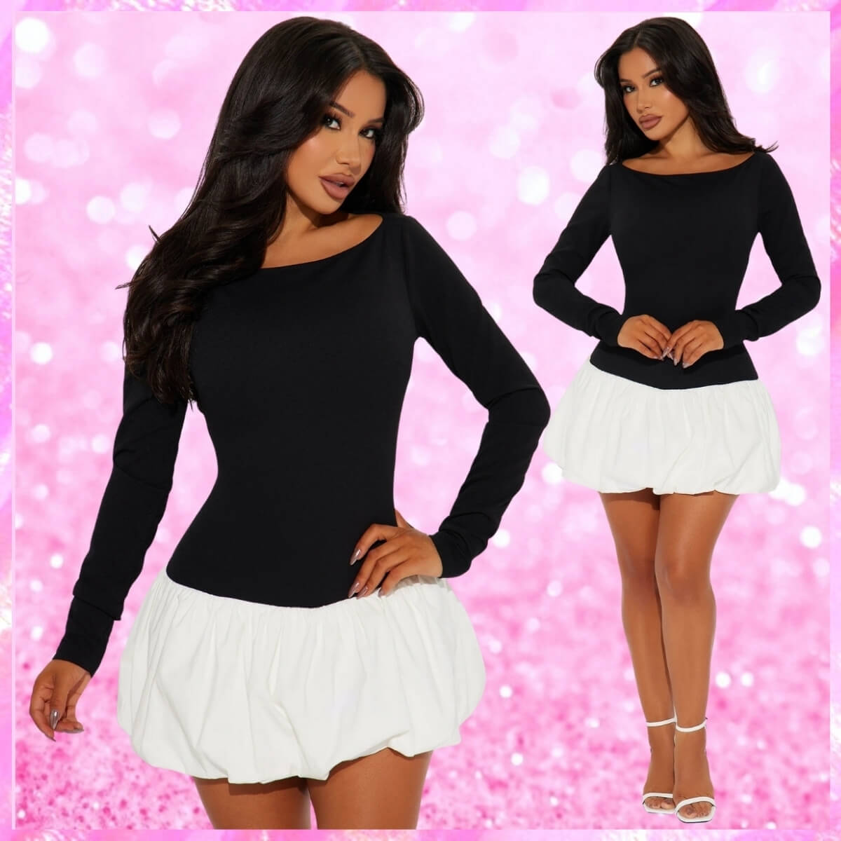 Long Sleeve Boat Neck Bubble Mini Dress