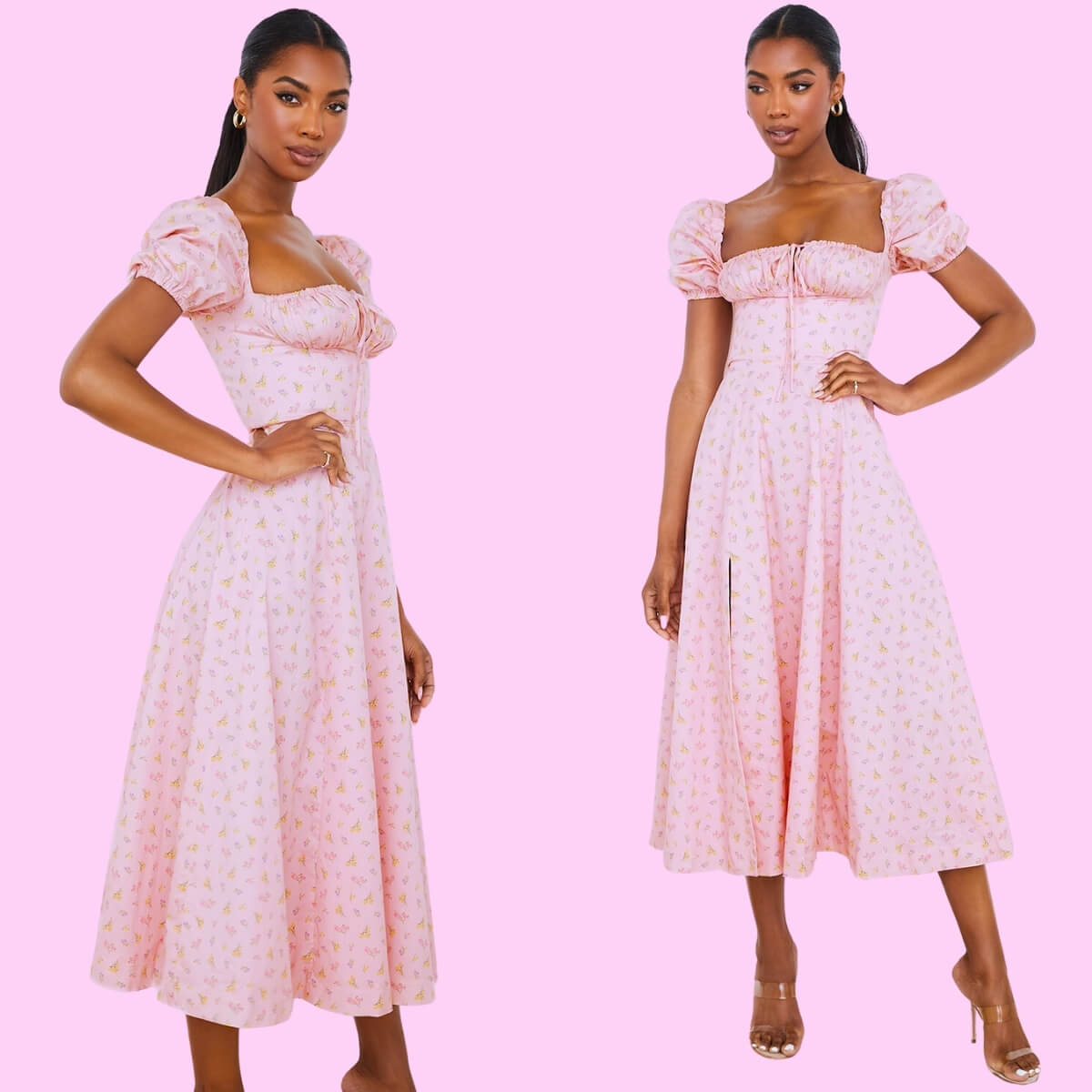 Puff Sleeve High Split Floral Maxi Dress In Pink