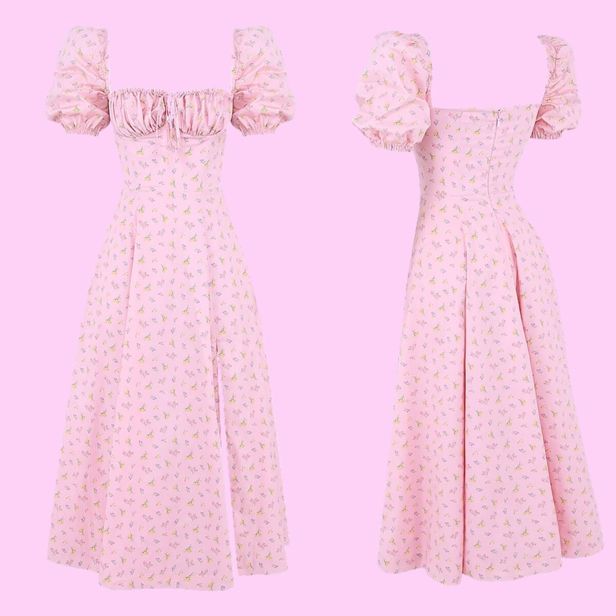 Puff Sleeve High Split Floral Maxi Dress In Pink
