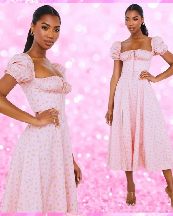 Puff Sleeve High Split Floral Maxi Dress In Pink