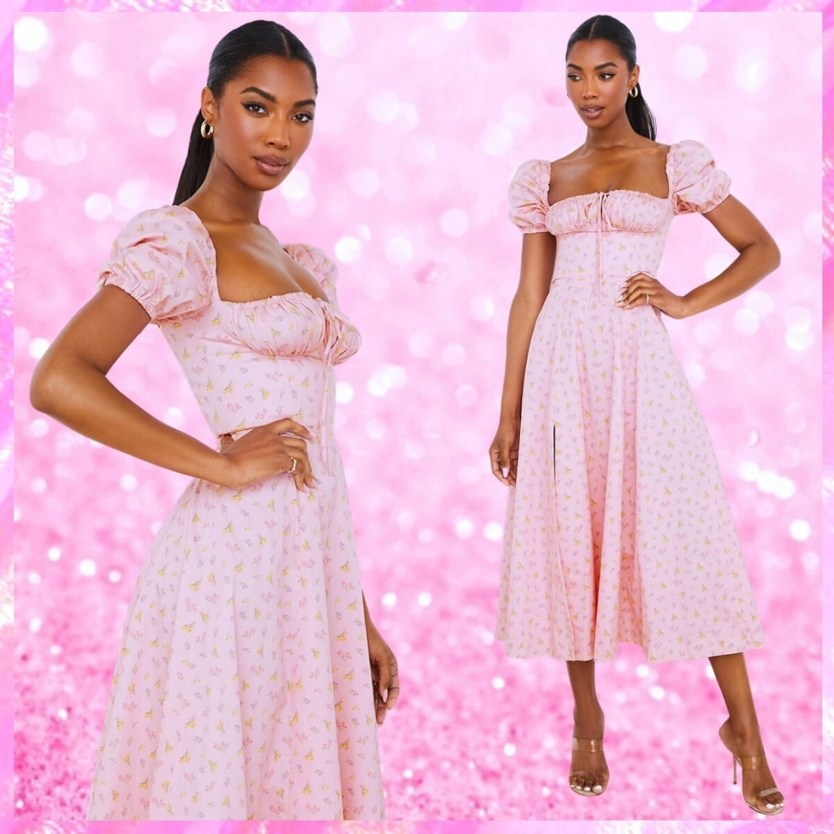 Puff Sleeve High Split Floral Maxi Dress In Pink
