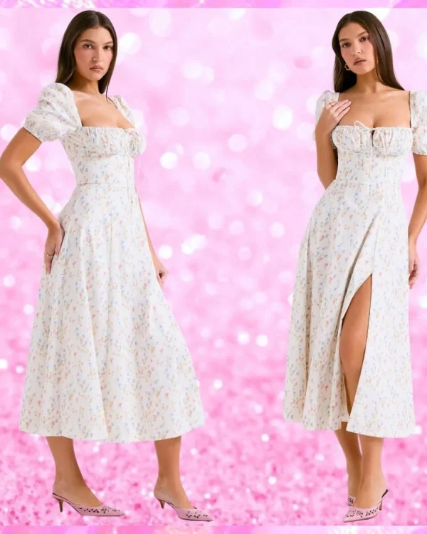 Puff Sleeve High Split Maxi Dress