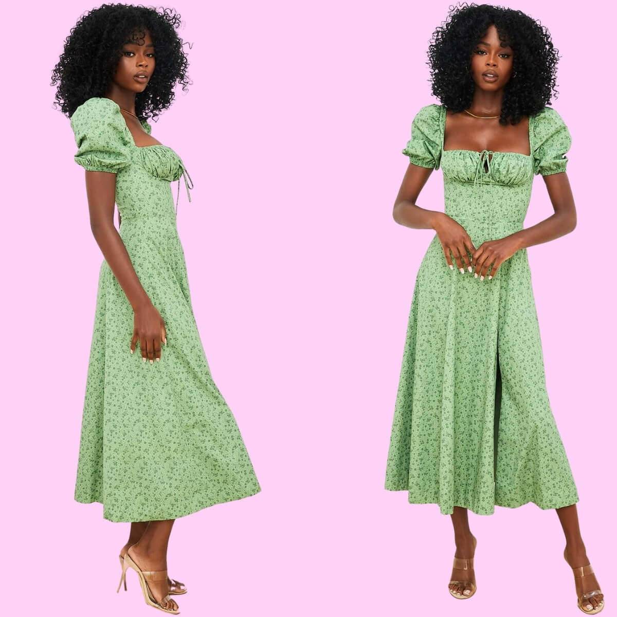Puff Sleeve High Split Maxi Dress In Green