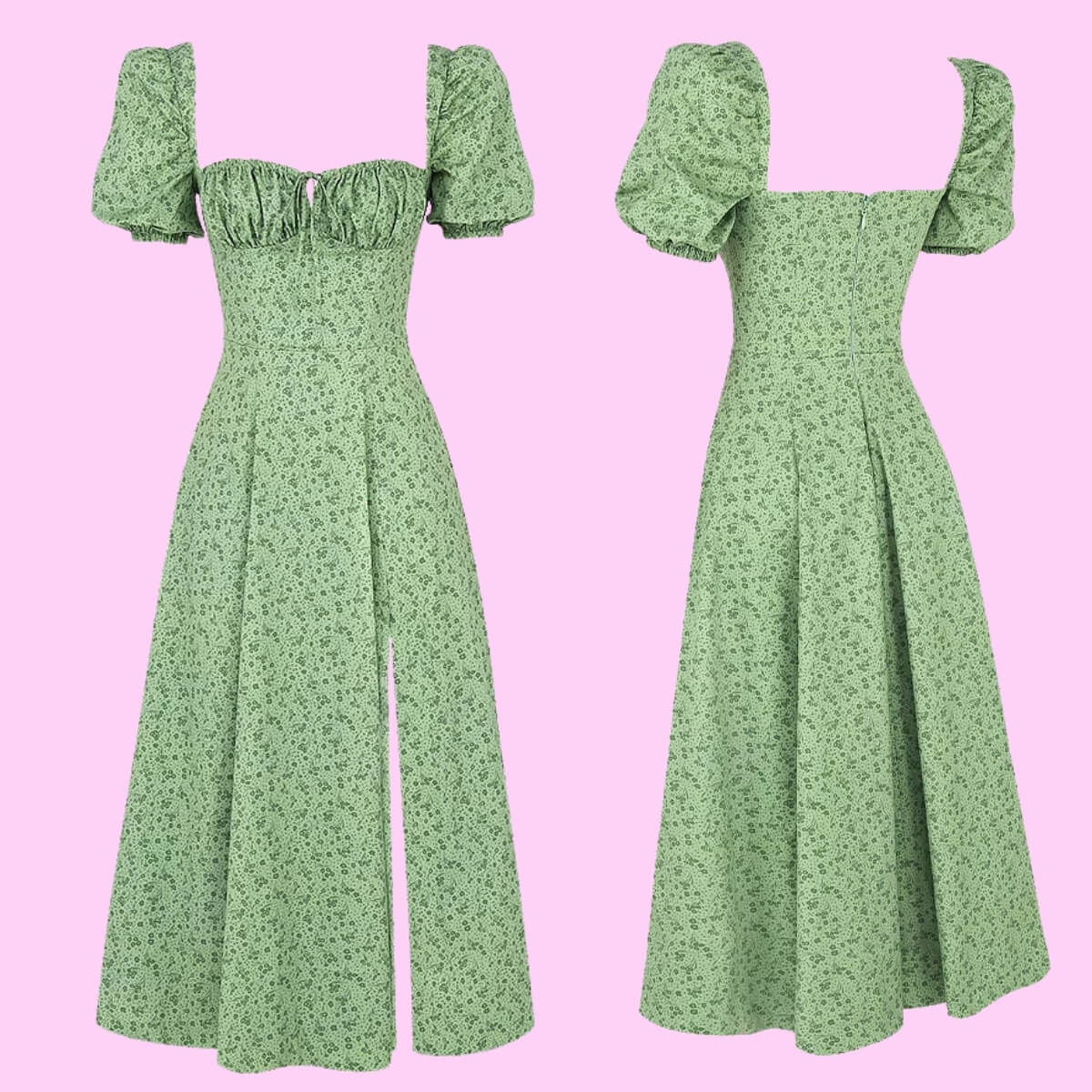 Puff Sleeve High Split Maxi Dress In Green