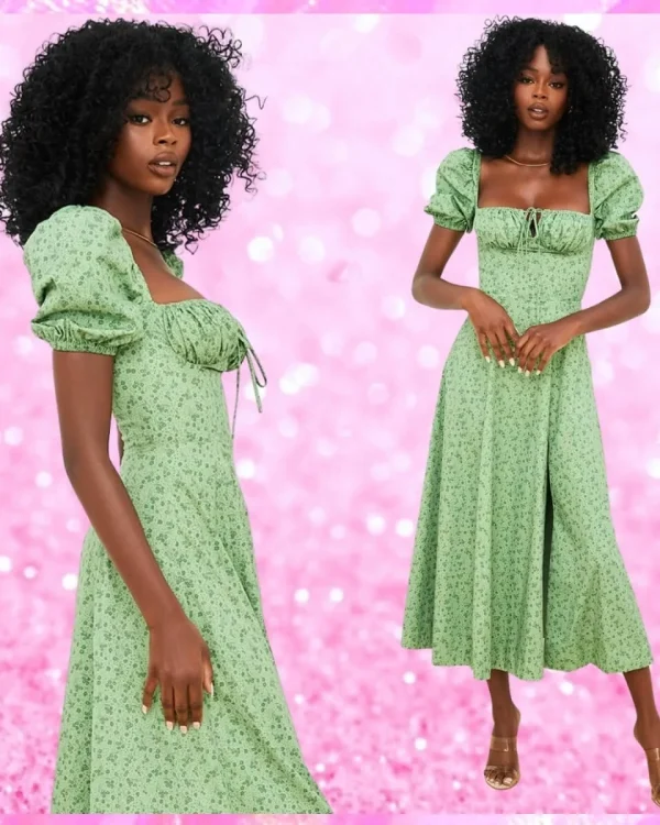 Puff Sleeve High Split Maxi Dress In Green