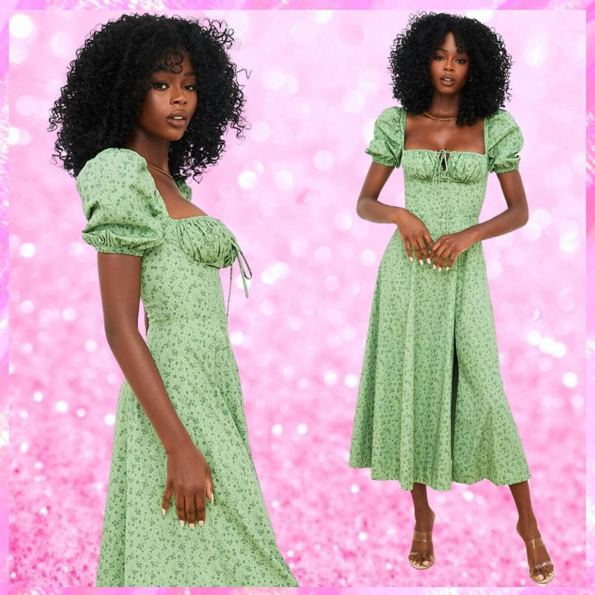 Puff Sleeve High Split Maxi Dress In Green