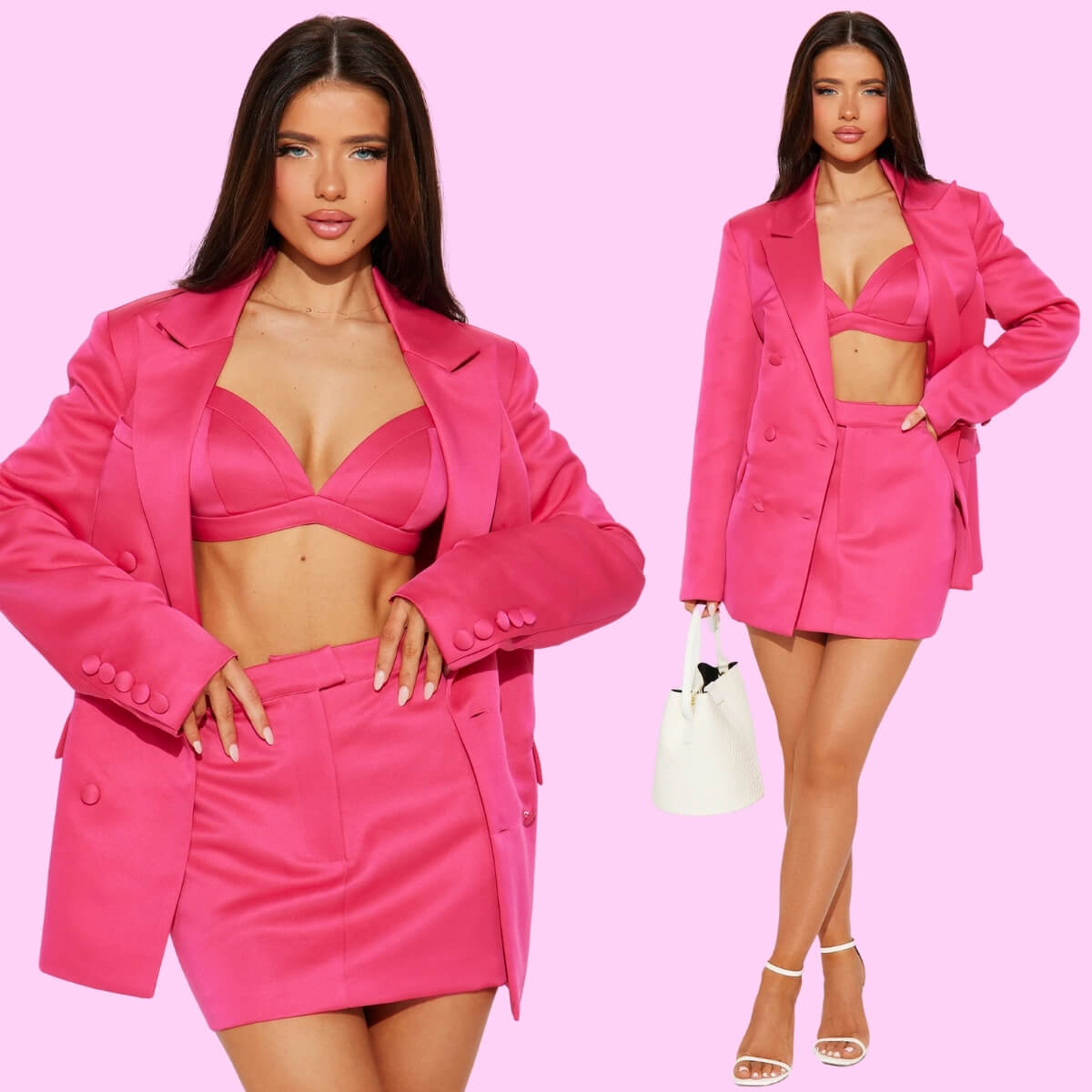 Satin Blazer Cami Skirt Set