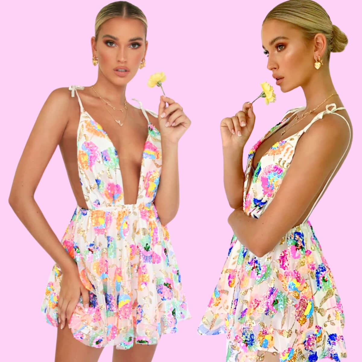 Sequin Deep V Mini Dress In White