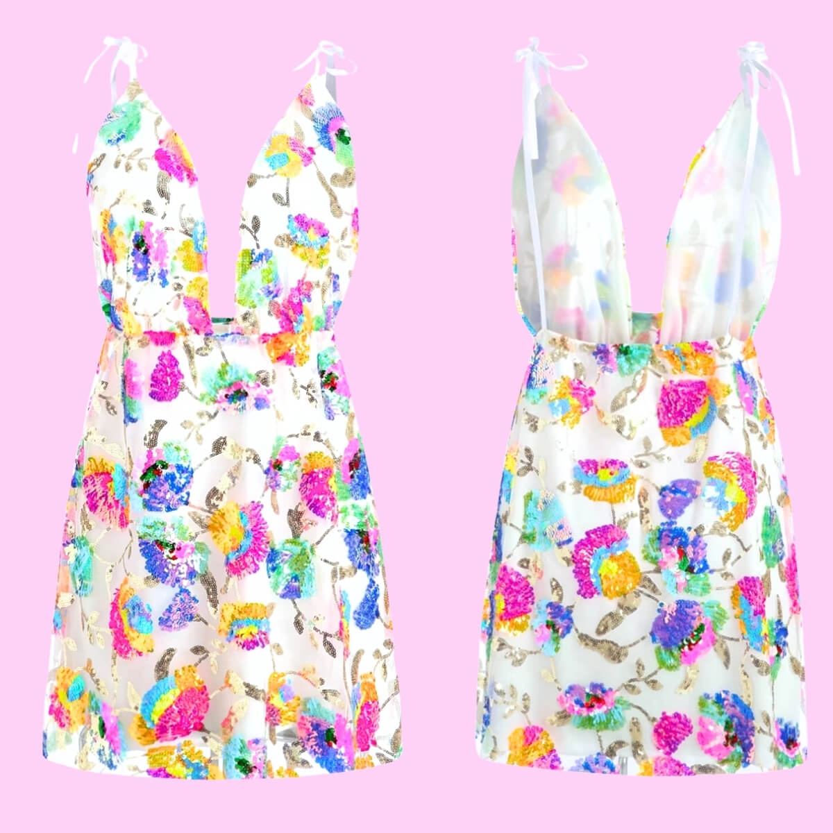 Sequin Deep V Mini Dress In White