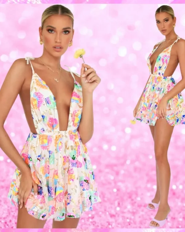 Sequin Deep V Mini Dress In White
