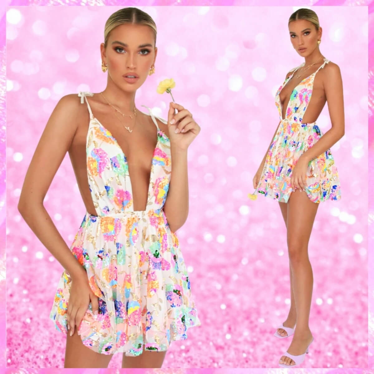 Sequin Deep V Mini Dress In White