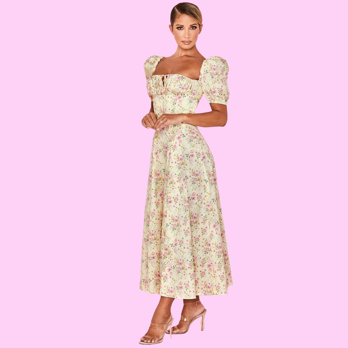 Yellow Puff Sleeve High Split Maxi Dress