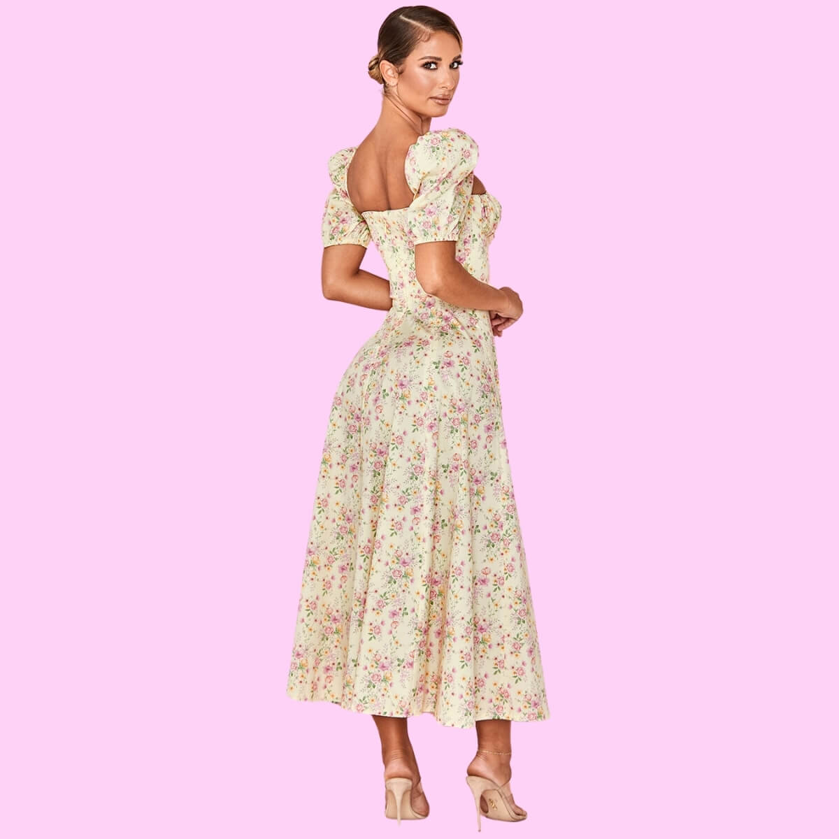 Yellow Puff Sleeve High Split Maxi Dress