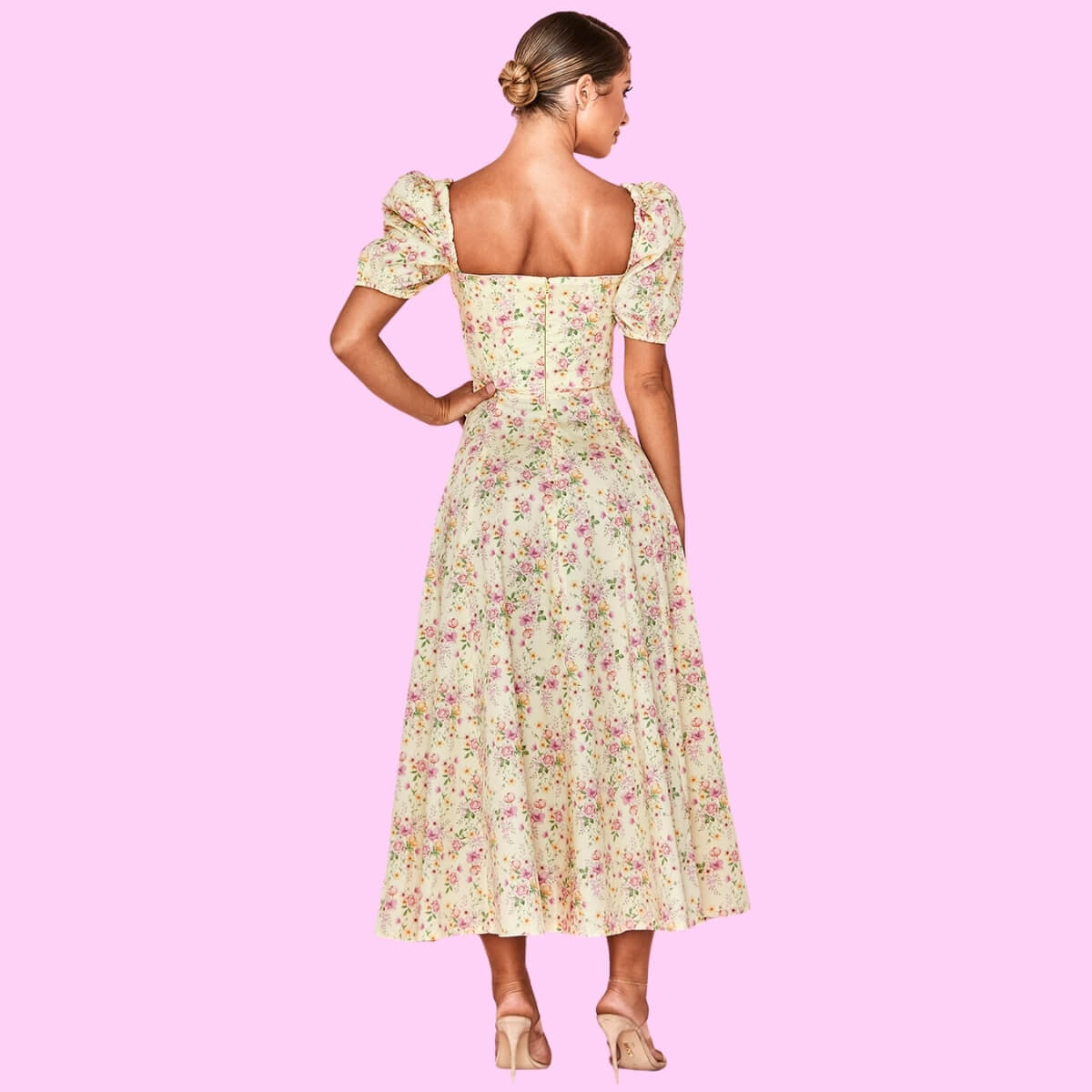 Yellow Puff Sleeve High Split Maxi Dress