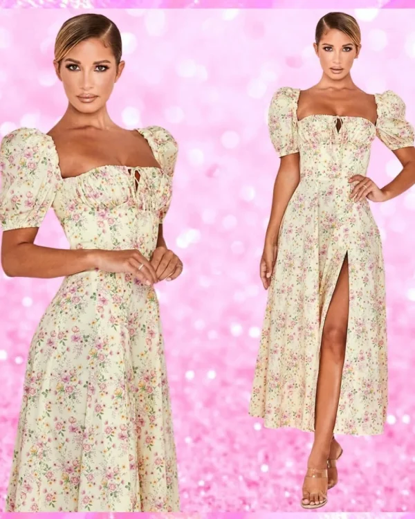 Yellow Puff Sleeve High Split Maxi Dress