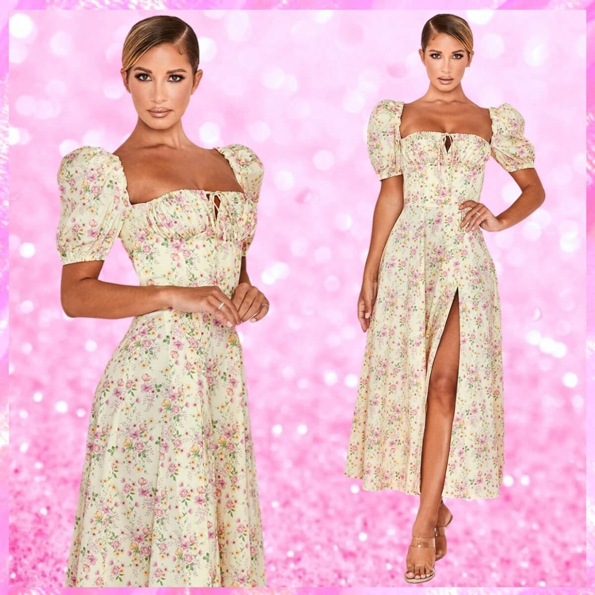 Yellow Puff Sleeve High Split Maxi Dress