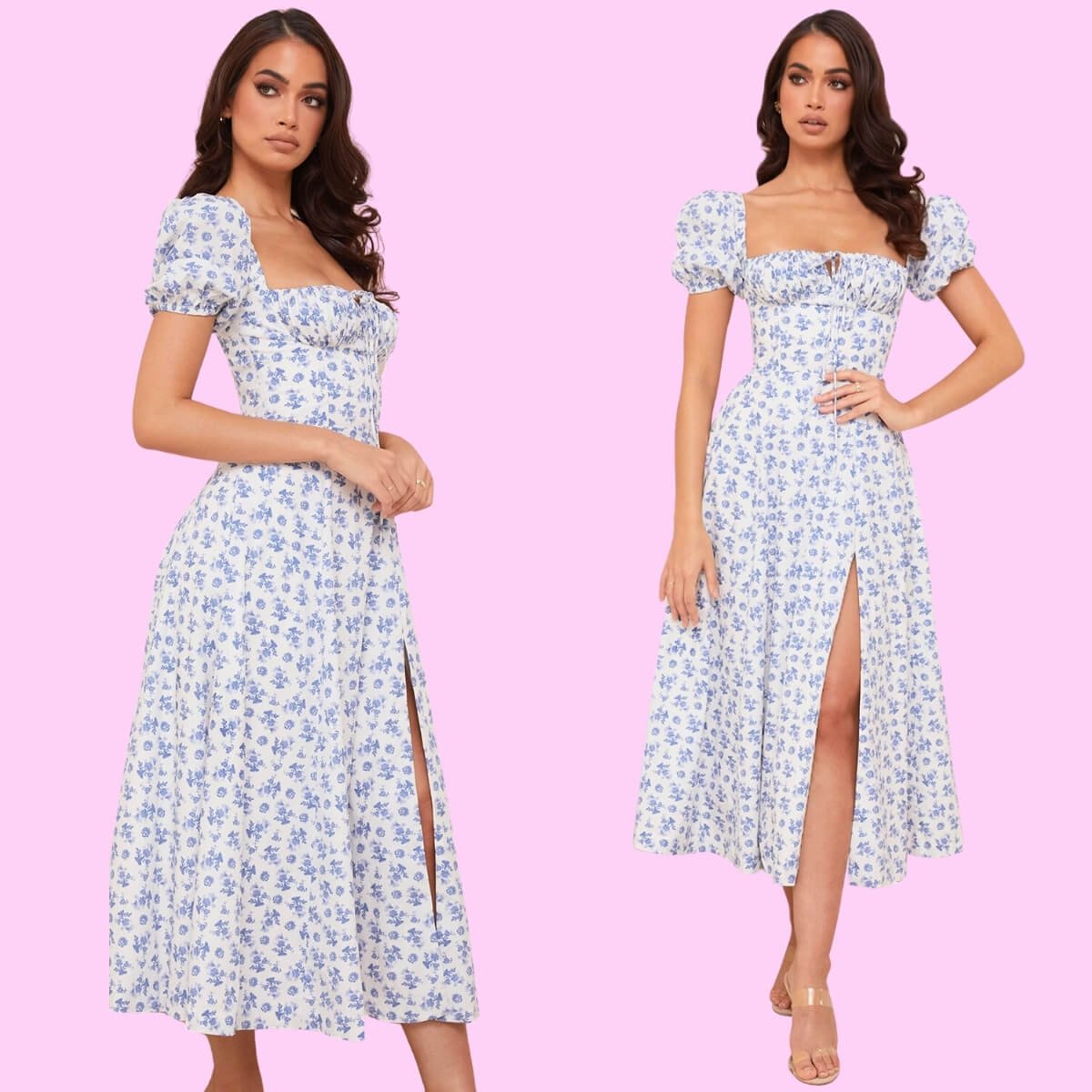 Floral Puff Sleeve High Split Maxi Dress In Blue