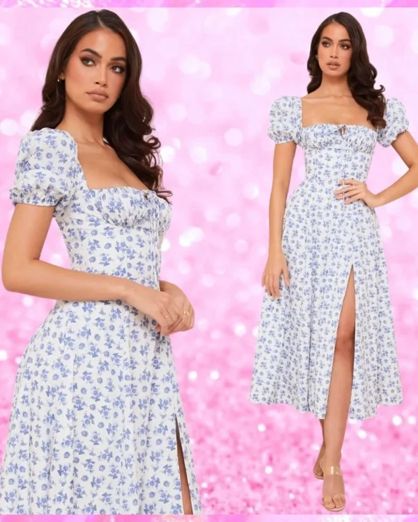 Floral Puff Sleeve High Split Maxi Dress In Blue