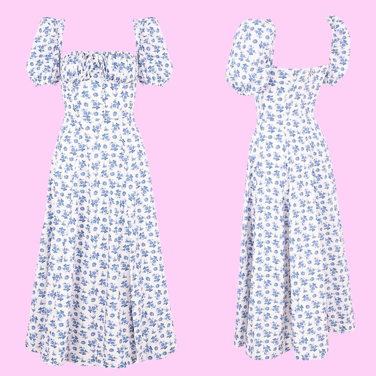 Floral Puff Sleeve High Split Maxi Dress In Blue