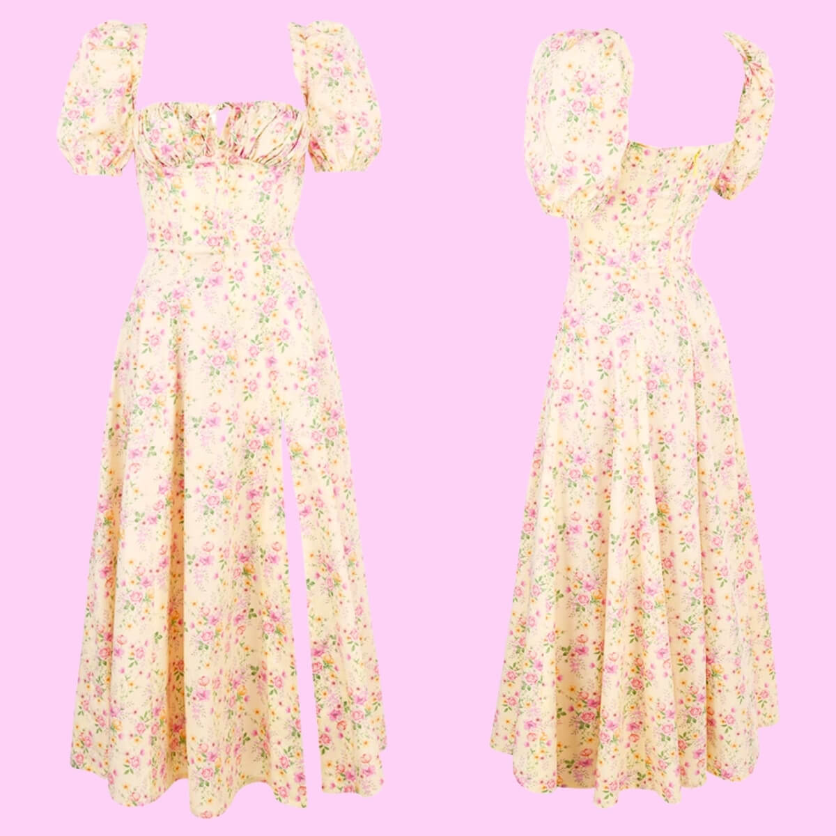 Puff Sleeve High Split Maxi Dress In Yellow