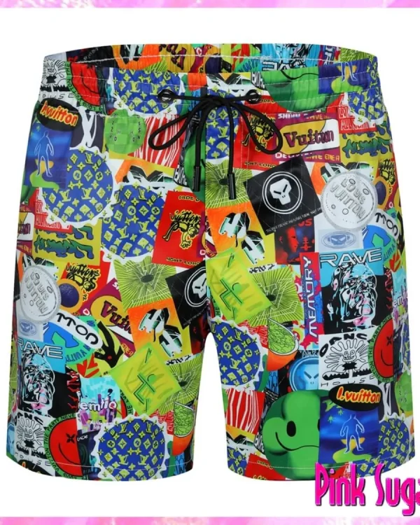 Louis Vuitton Multi Sticker Print Board Shorts Men's