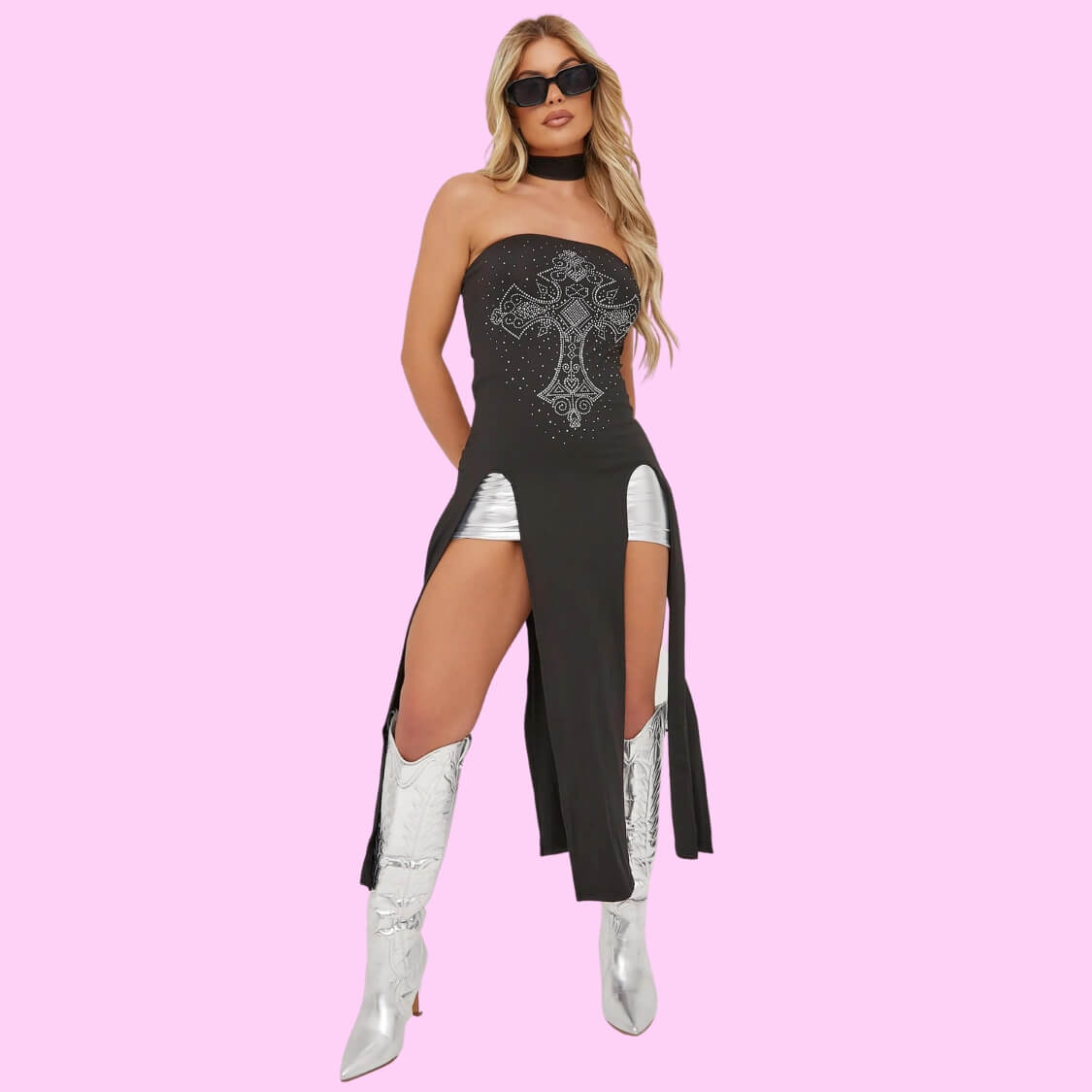 Bandeau Diamante Split Leg Midi Dress