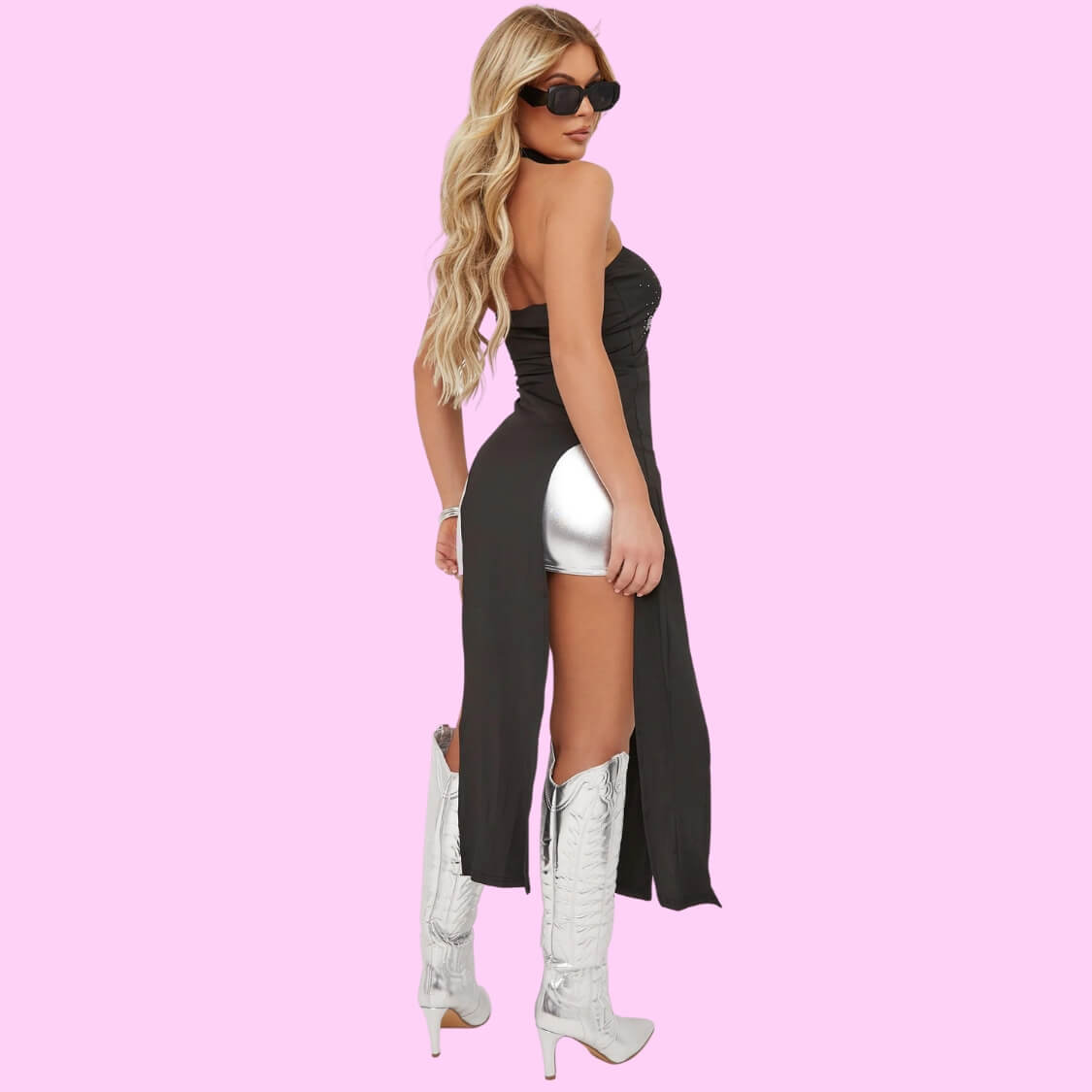 Bandeau Diamante Split Leg Midi Dress