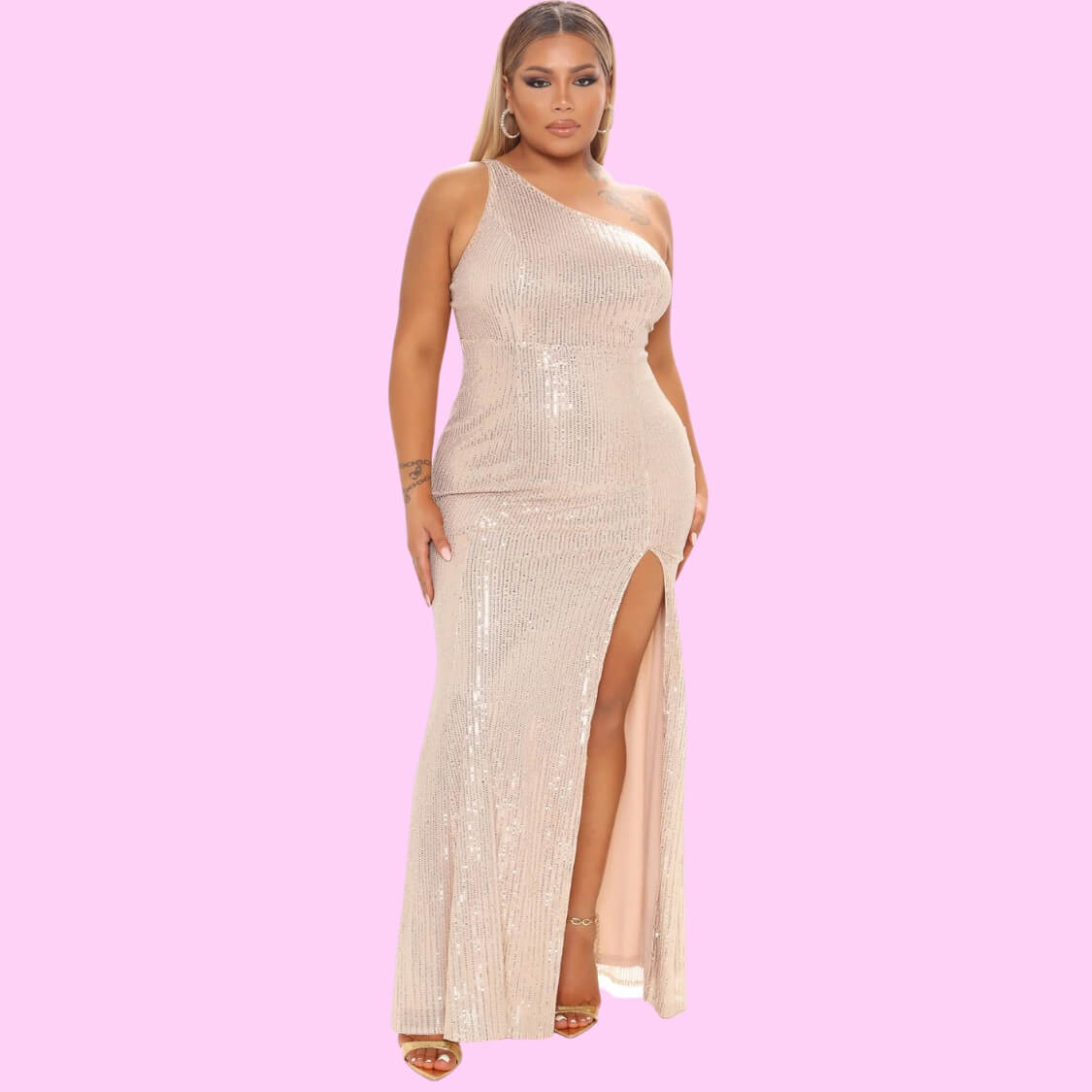 Beige Sequin Maxi Party Dress