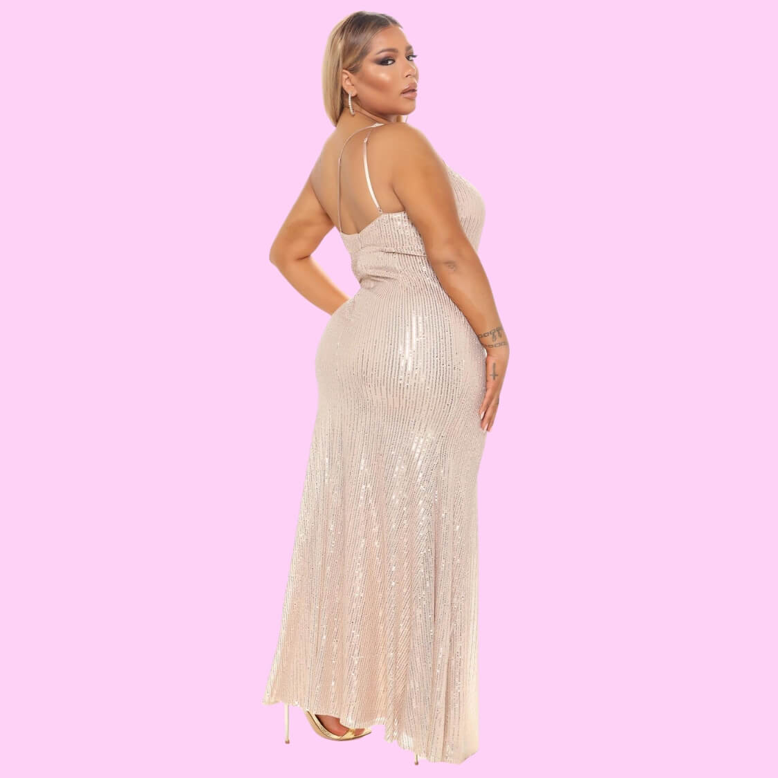 Beige Sequin Maxi Party Dress