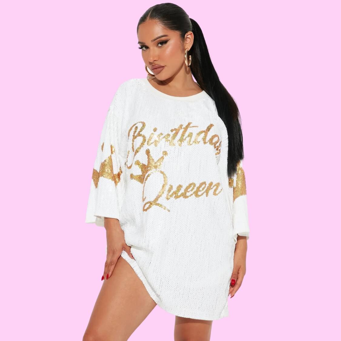 Birthday Queen Sequin T-Shirt Dress White