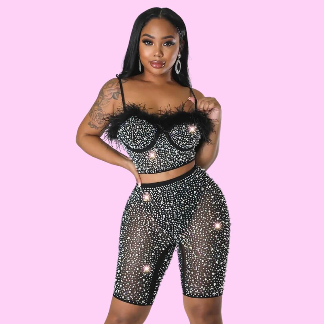 Black Embellished Bustier Shorts Set