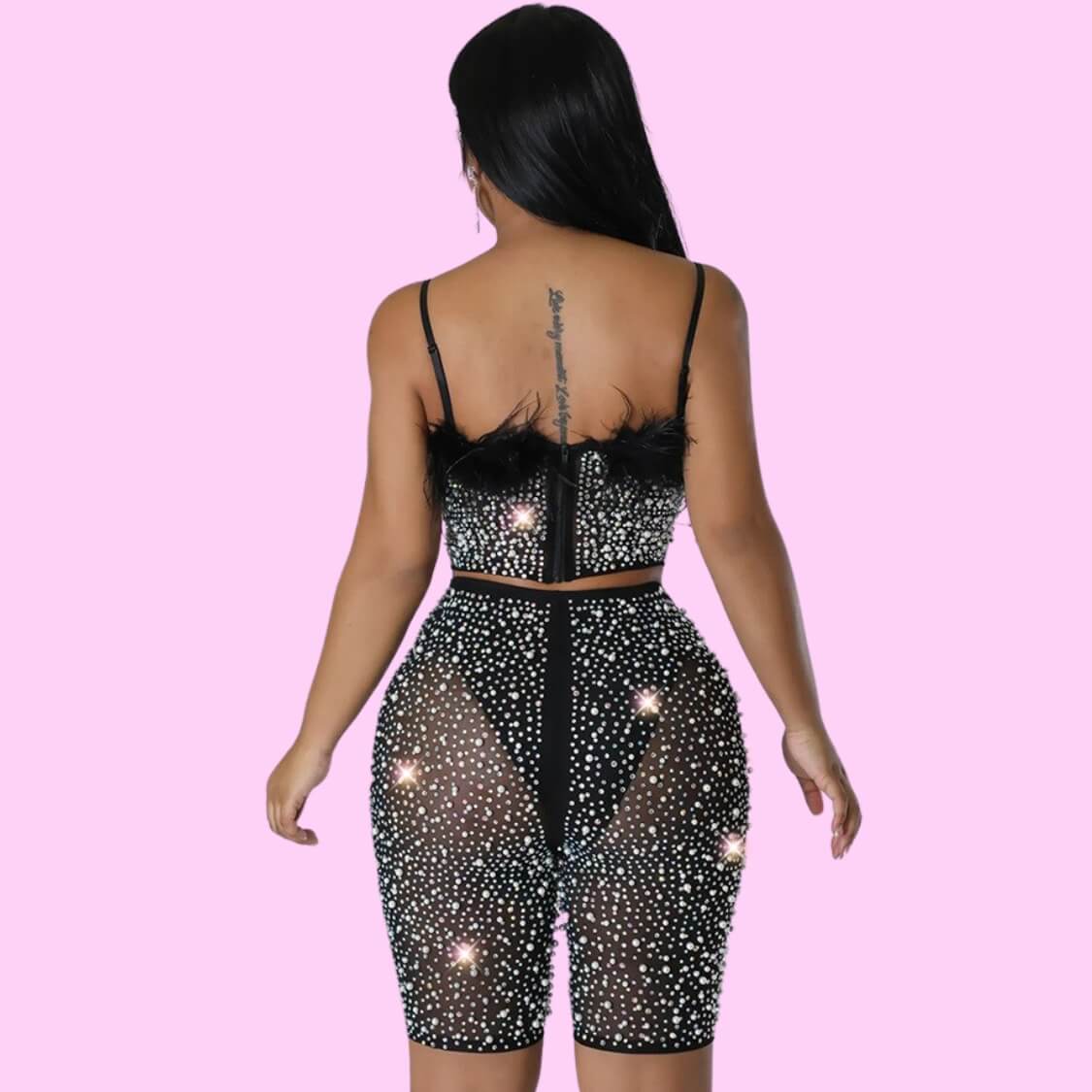 Black Embellished Bustier Shorts Set