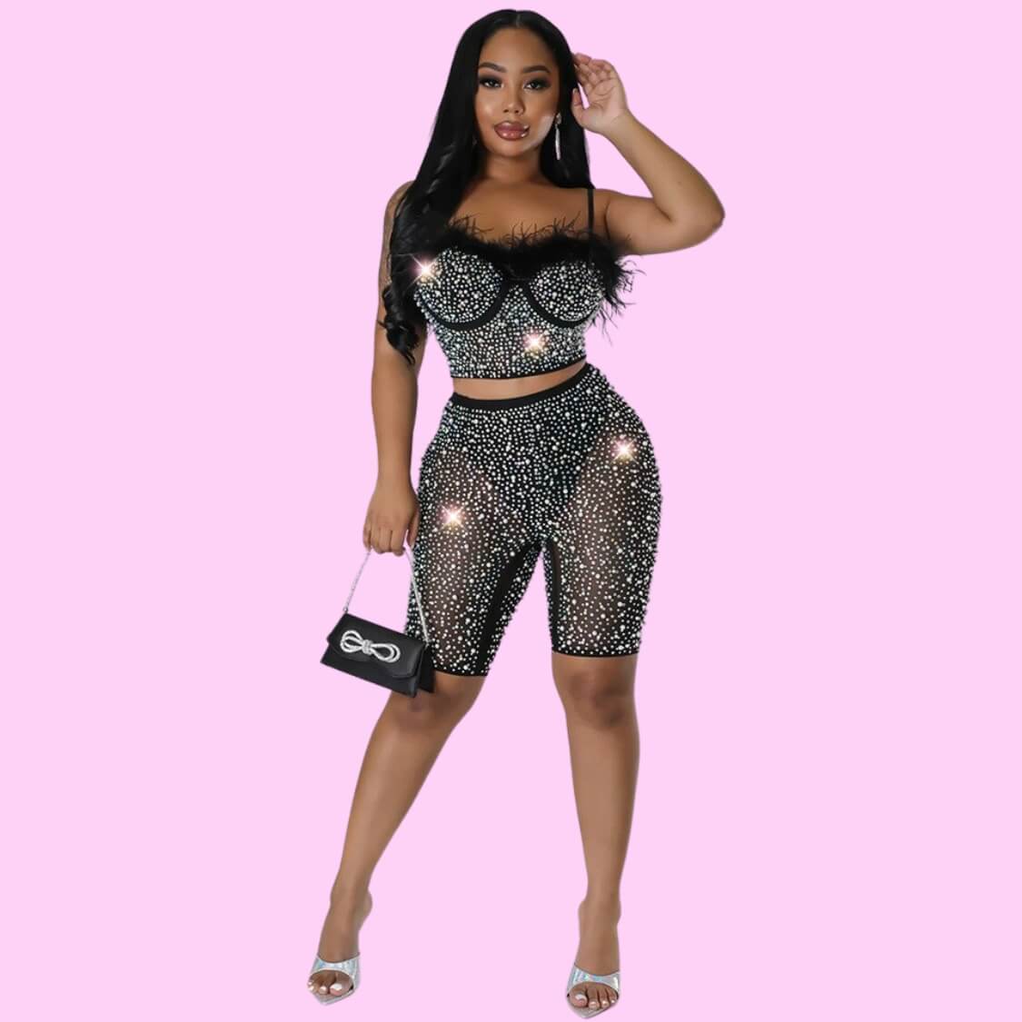 Black Embellished Bustier Shorts Set