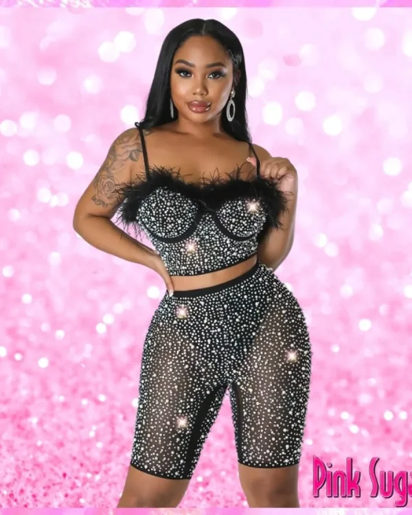 Black Embellished Bustier Shorts Set