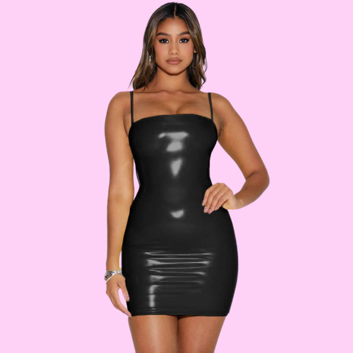 Black Faux Patent Leather Mini Dress
