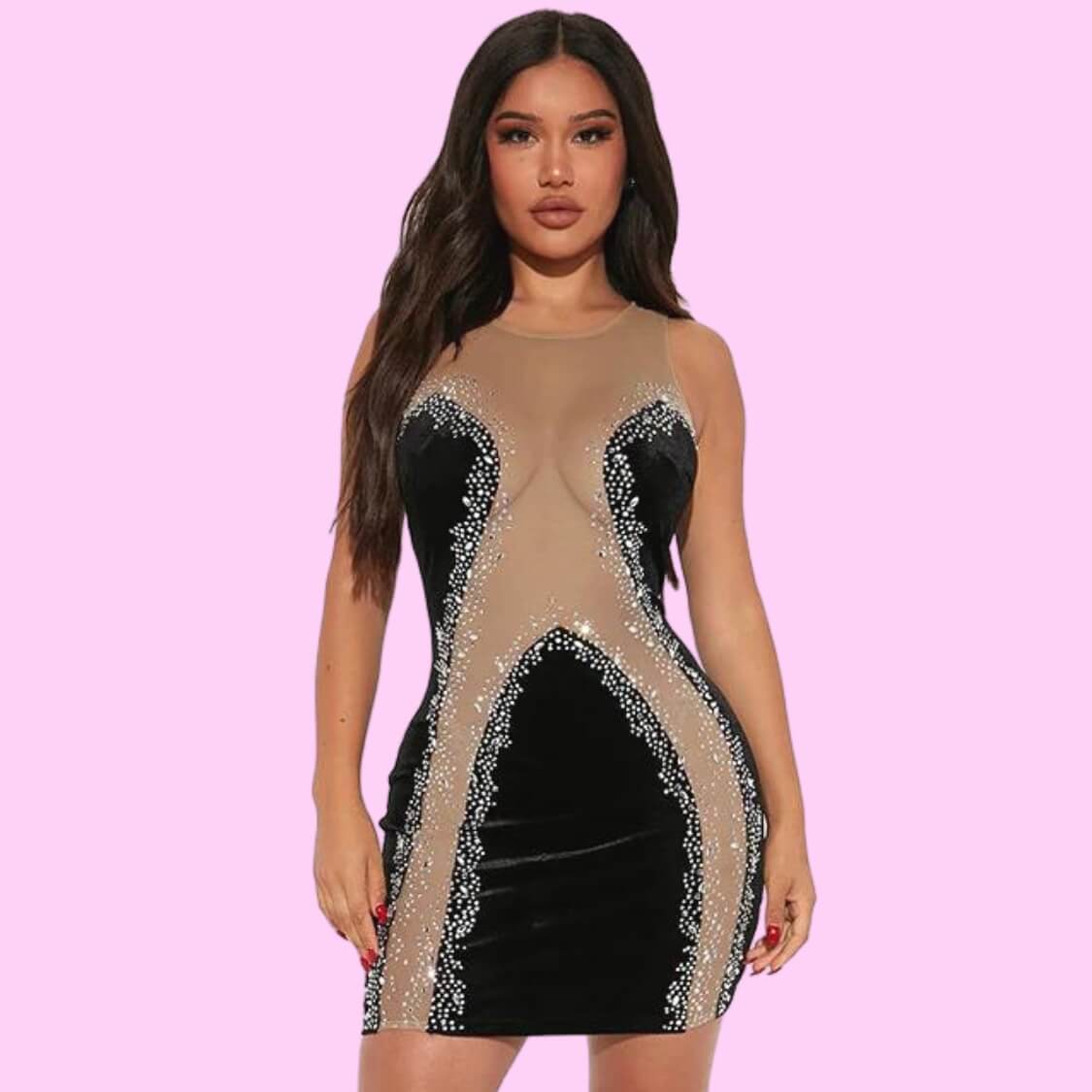 Burgundy Velvet Sheer Detail Mini Dress