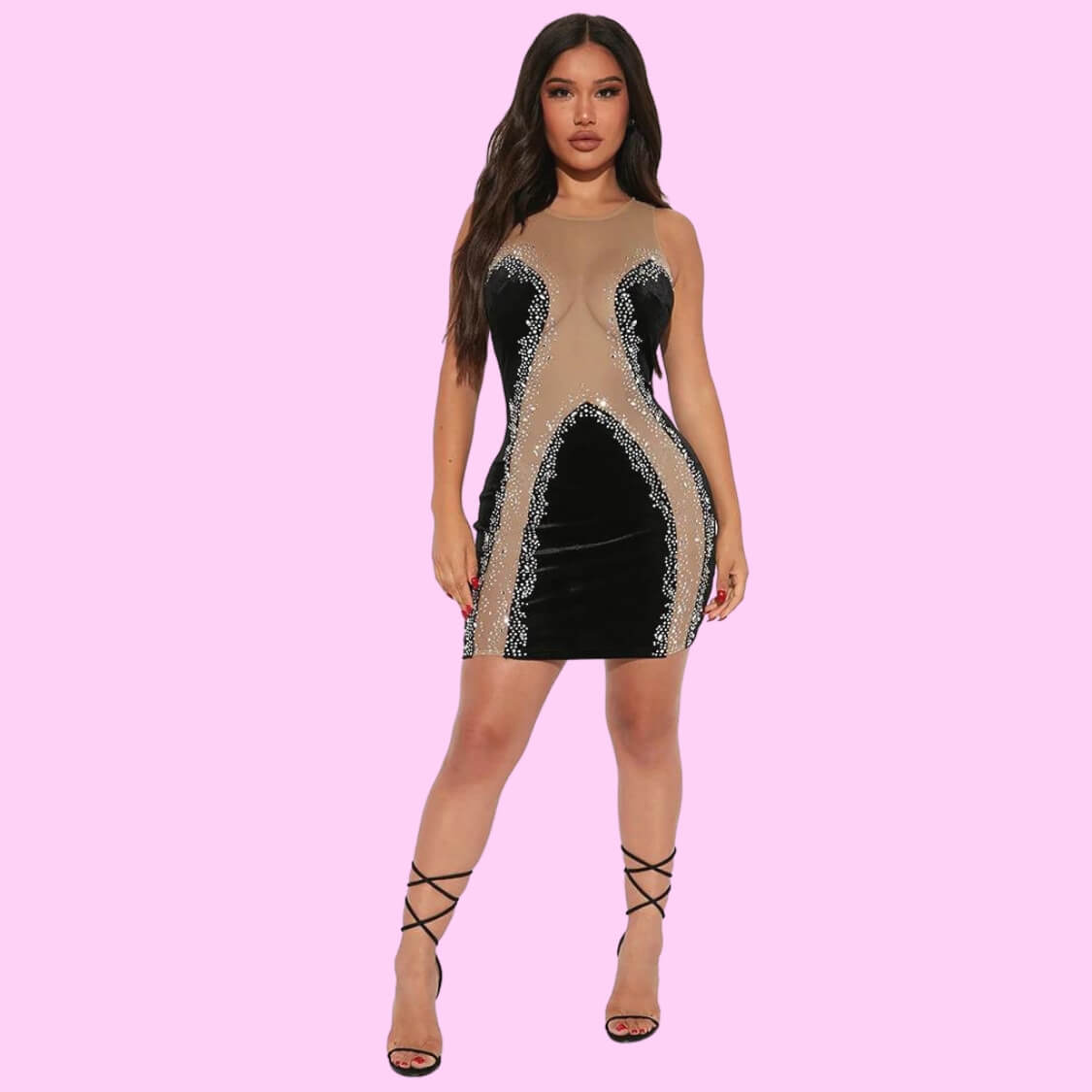 Black Velvet Sheer Detail Mini Dress
