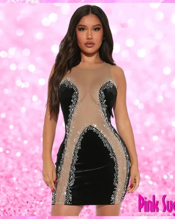 Black Velvet Sheer Detail Mini Dress
