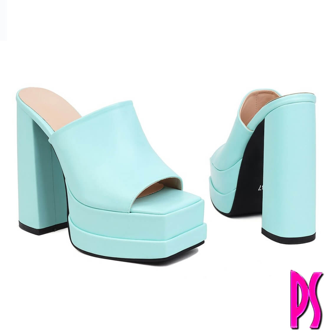 Blue Double Sole Platform High Heeled Mules