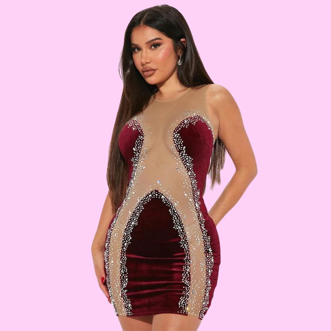 Burgundy Velvet Sheer Detail Mini Dress