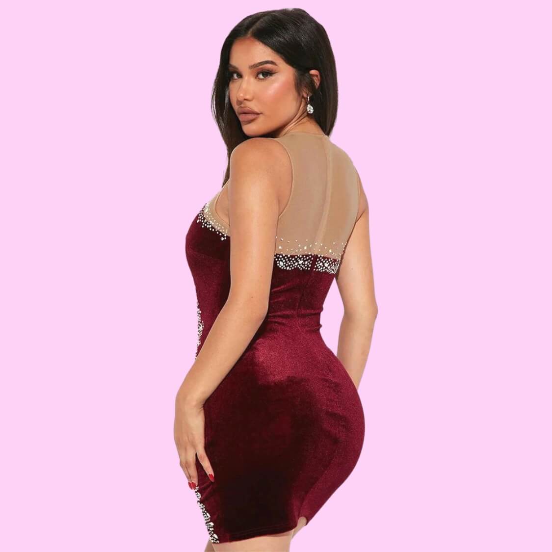 Burgundy Velvet Sheer Detail Mini Dress