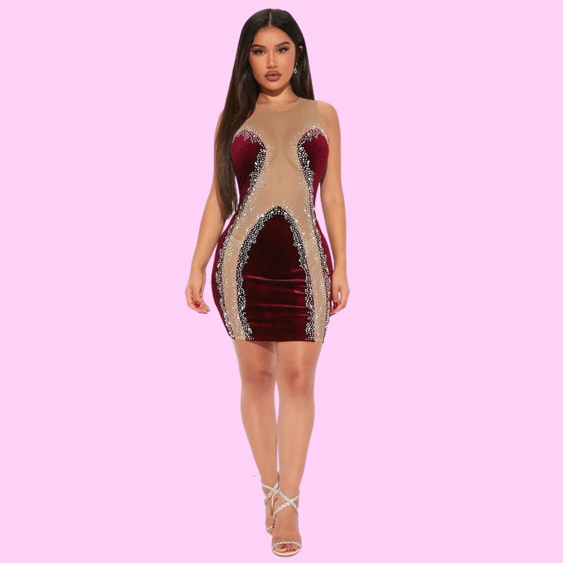 Burgundy Velvet Sheer Detail Mini Dress