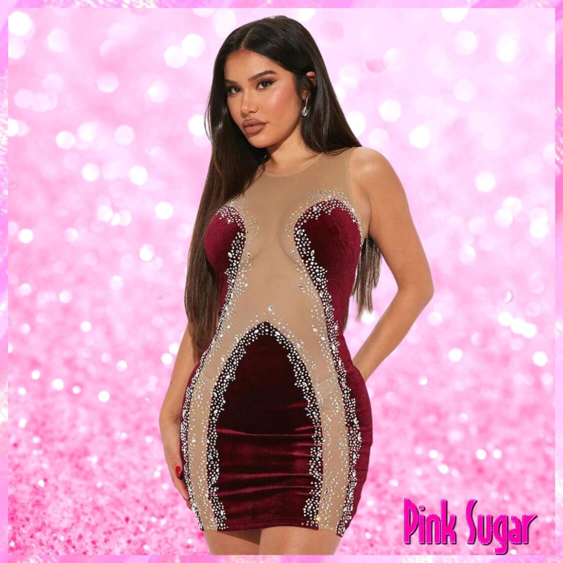 Burgundy Velvet Sheer Detail Mini Dress