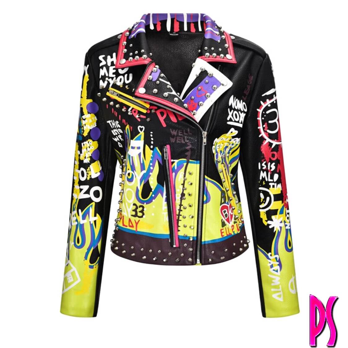 Graffiti Stud Biker Jacket Black Yellow