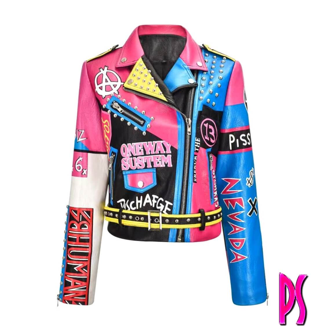 Graffiti Stud Biker Jacket Pink Blue